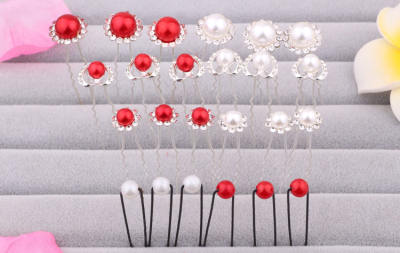 Chinese-style wedding red and white, Korean-style pearl and water diamond, classical updo, hair flower, hairpin, bride's headwear, wedding hair accessory