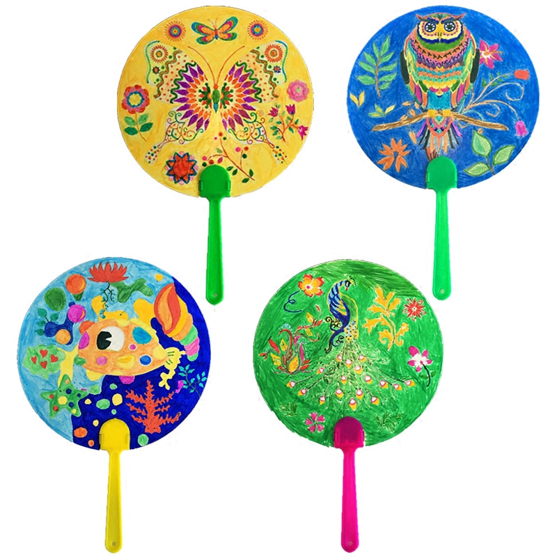 Children cartoon round fan blank fan kindergarten diy painting graffiti white paper fan Palace fan hand fan hanging decoration