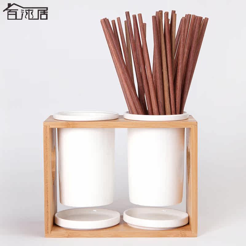 百沐居陶瓷筷子筒 双笼竹制创意沥水防尘双筷筒 欧式厨房收纳筷笼
