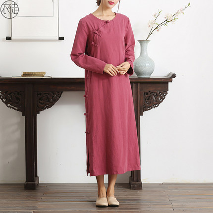 春秋宽松复古旗袍裙中长款盘扣棉麻中式长袖茶