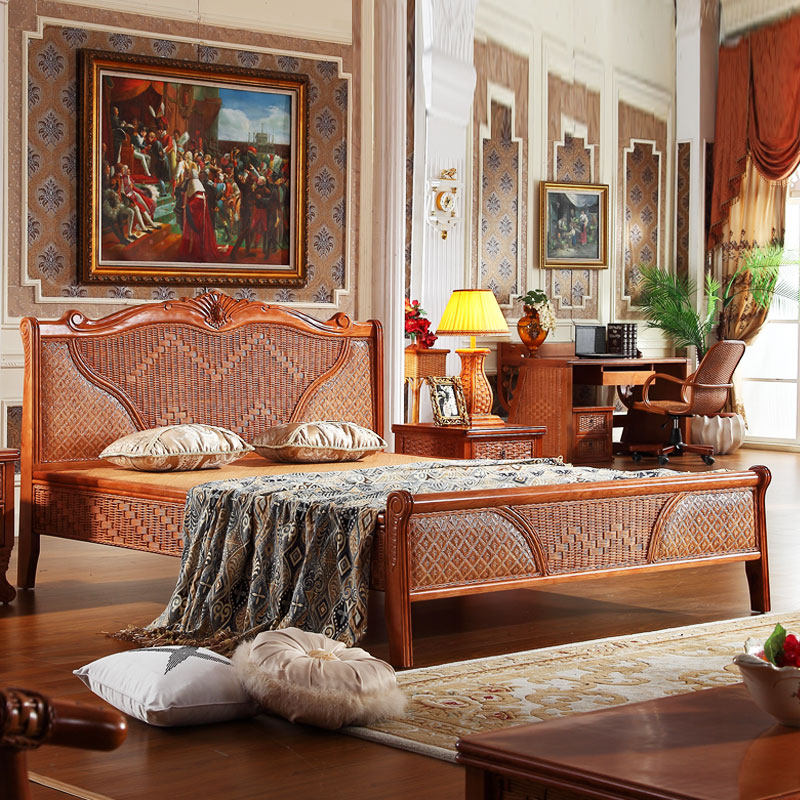 Ito family Indonesian rattan furniture true vine woven solid wood bed rattan art double sheets bed man bed mana vine 1.8 meters bed