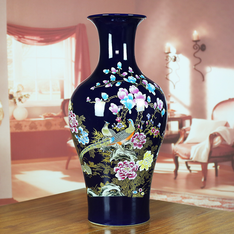 Jingdezhen ceramic vase ji blue glaze painting of flowers and modern home sitting room hotel company contracted classic Chinese style furnishing articles
