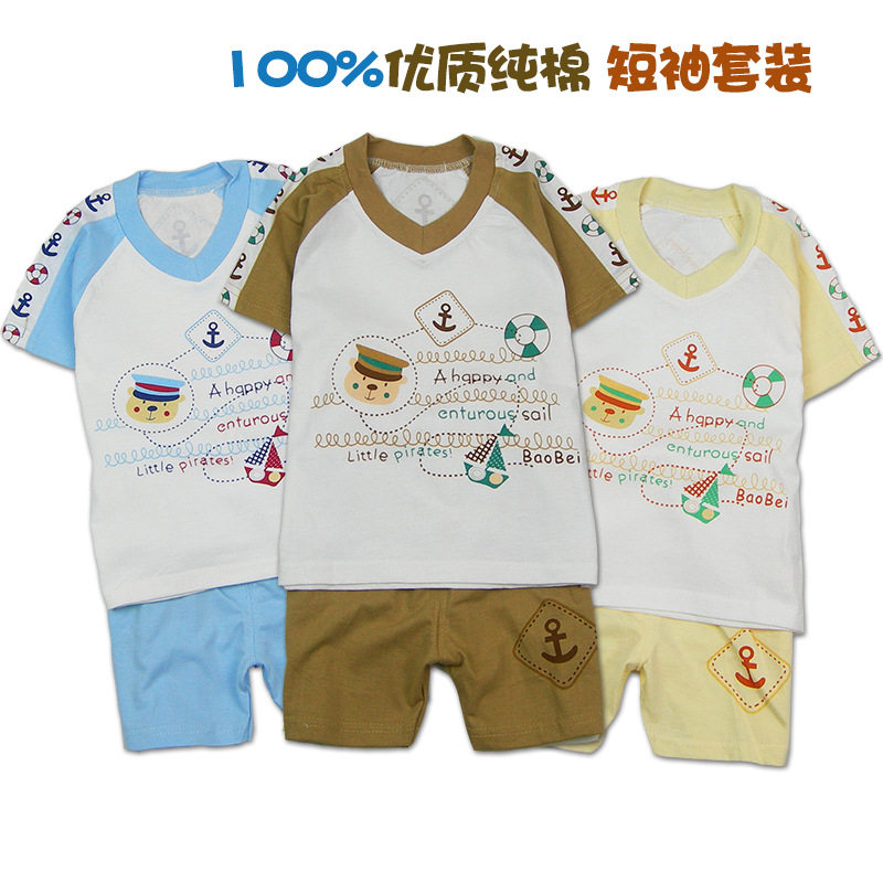 (Clear Goods Seconds Kill) sailor figure V collar T-shirt shorts knit full cotton inclined shoulder short sleeve suit summer dress child suit