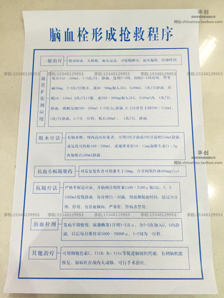 医院大挂图脑血栓形成抢救程序图表制度图操作贴图塑料斯不坏防