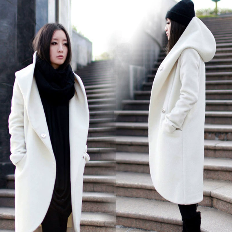 Áo khoác cashmere trắng cao cấp của châu Âu và châu Mỹ 17 mùa thu và mùa đông Phụ nữ mới đội mũ len dài đến giữa hai bên ngực - Trung bình và dài Coat