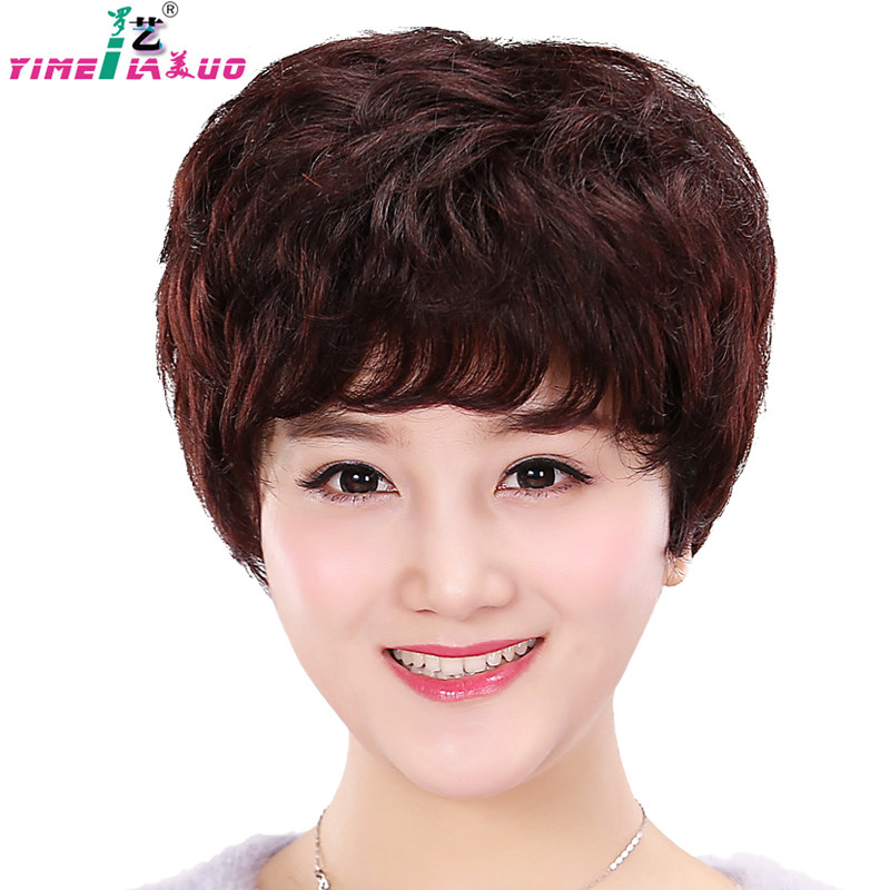 全手织真发假发女短发 手织假发中老年妈妈短卷发真人发丝逼真