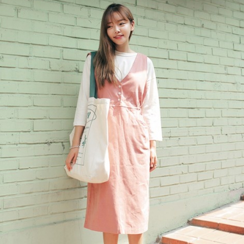 韩国stylenanda官方正品 可爱纯色三个纽扣午休连衣裙-粉色