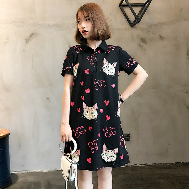 天天特价韩版学院风猫咪黑色POLO衫翻领猫头连衣裙女夏小清新裙子