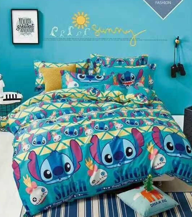 Bộ đồ cotton trẻ em Stitch Stitch màu xanh dương mới 3 chân giường 1 mét giường đơn 1,5m giường đôi bộ đồ bốn mảnh - Bộ đồ giường bốn mảnh