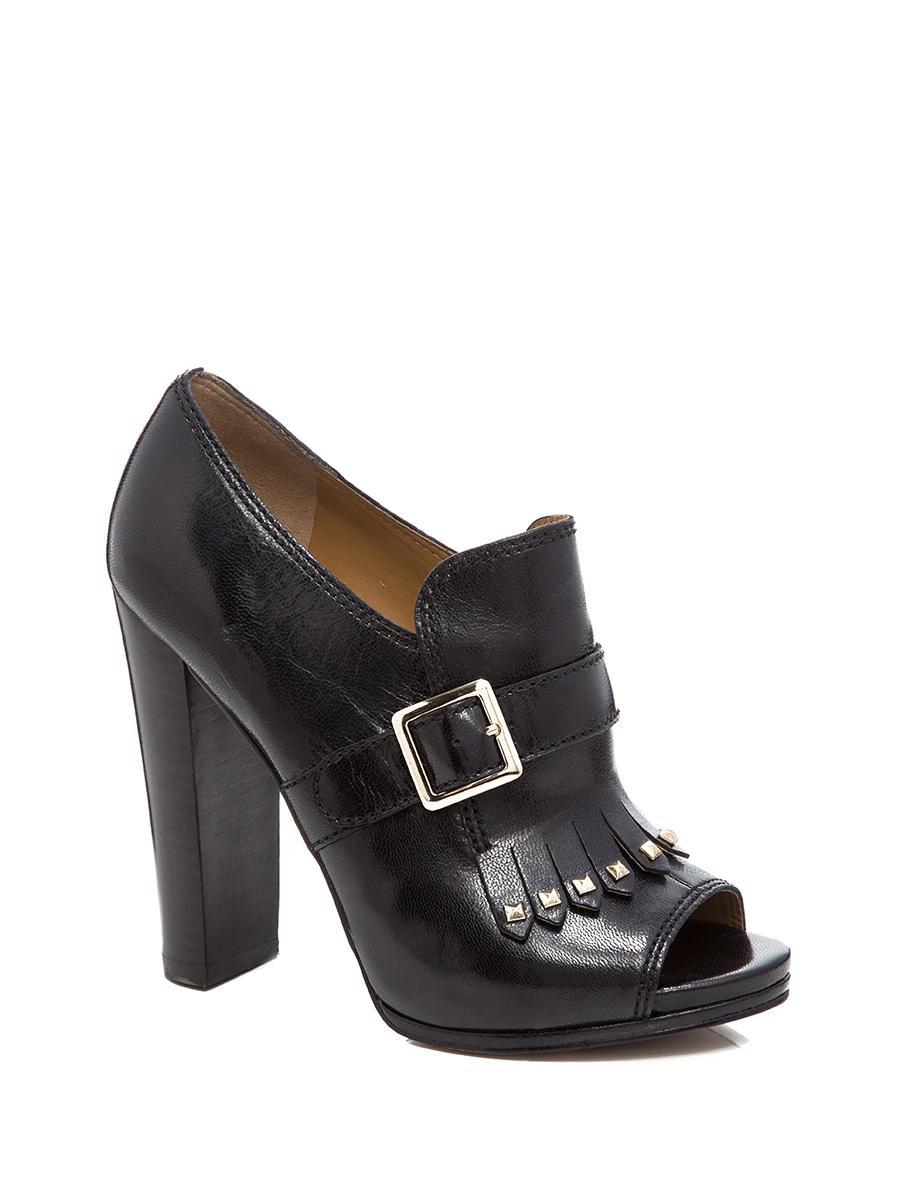 Nine West/玖熙 黑色羊皮流苏襻带鱼嘴粗跟鞋