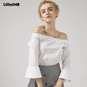 LUIMINE2018 mùa xuân và mùa hè mới áo cotton trắng cổ áo sơ mi nữ lệch vai tay áo kèn - Áo sơ mi