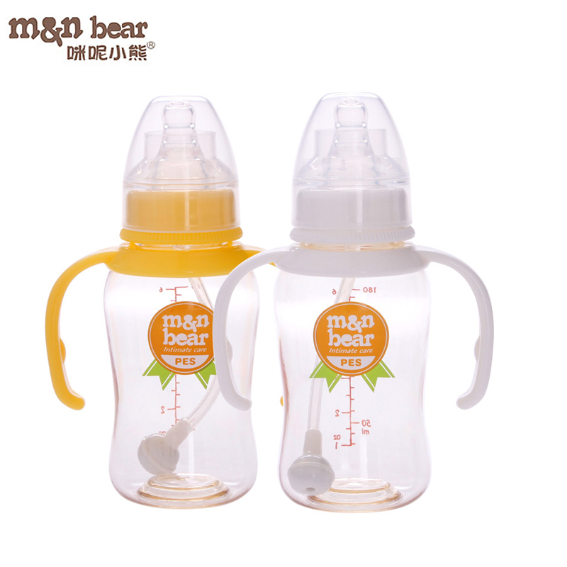 M＆N BEAR/咪呢小熊标准口径PES宝宝奶瓶带手柄吸管M6805颜色随机