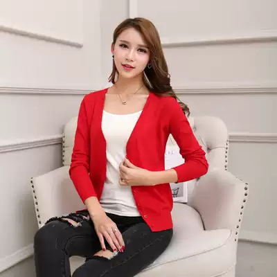 Knitwear women's cardigan spring and summer short V-neck slim sweater coat large size long sleeve Joker slightly thick outside