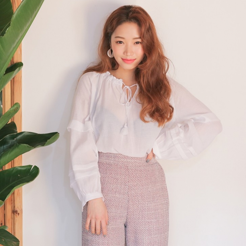 韩国stylenanda官方正品 系带木耳边领口纯色衬衣