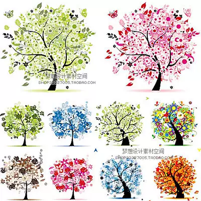 矢量唯美樹木花樹植物牆貼圖片素材春夏秋冬卡通樹木源文件s68