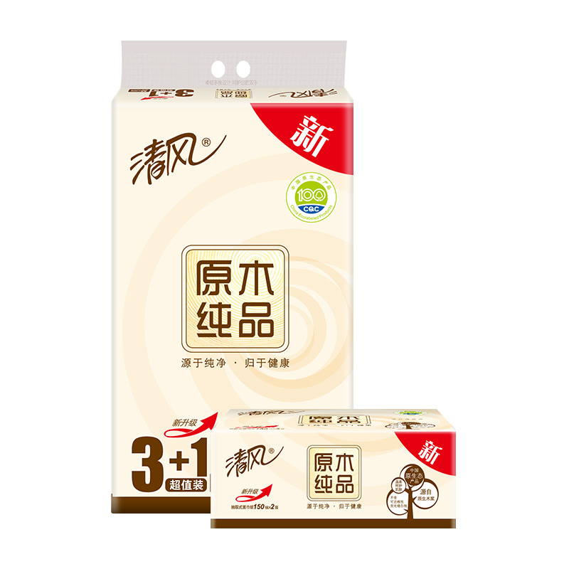 【苏宁易购】清风 抽纸纸巾原木纯品面纸2层150*4包