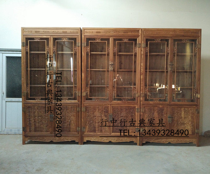 New Chinese style solid wood bookcase old elm glass display cabinet paint-free bookcase rack teak bookcase Buddhist scripture cabinet Buddha furniture