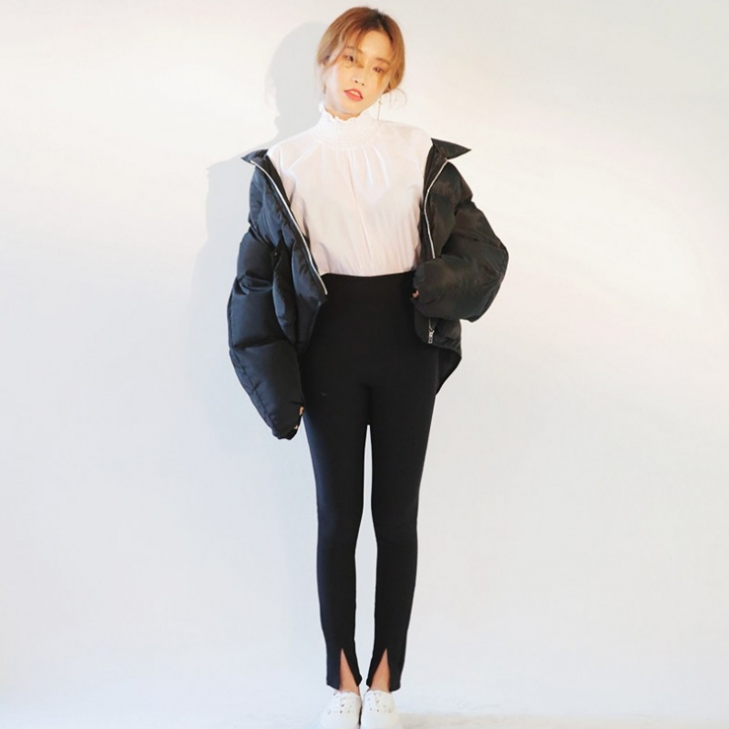 韩国stylenanda官方正品 个性款前裤脚开衩设计打底裤-黑色