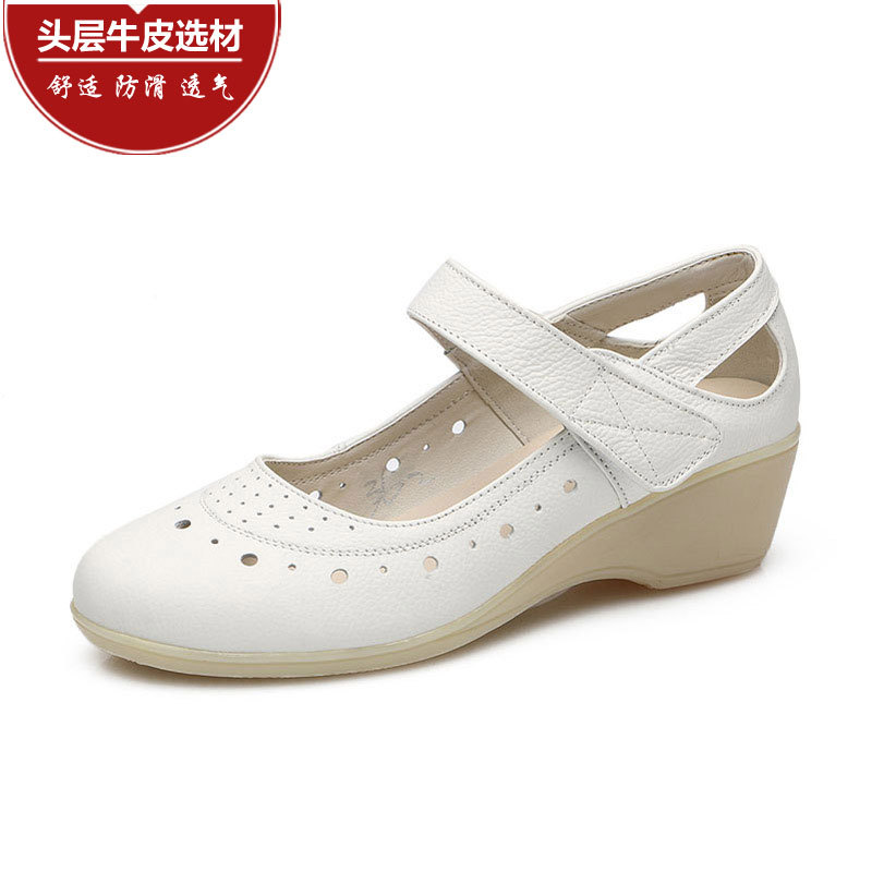 Nurse Shoes with Hollow Design, White Wedge Heel, First Layer Cowhide, Shallow Mouth, Square Dance, Beautician Women's Single Shoes Nurse Shoes with Hollow Design, White Wedge Heel, First Layer Cowhide, Shallow Mouth, Square Dance, Beautician Women's Single Shoes