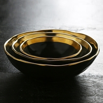 Simple modern light luxury model room soft home accessories ornaments irregular gold edged black ceramic decorative bowl