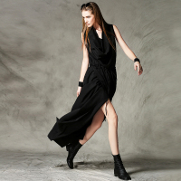Independently designed Tencel swing collar vest dress, extra long skirt with pockets, handsome female warrior summer dress