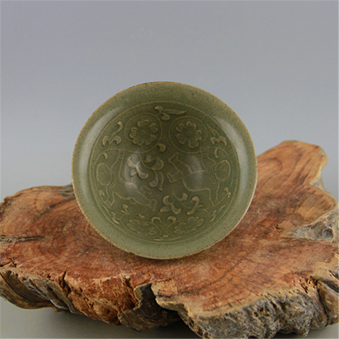 The Song Yaozhou Kiln Carved Baby Drama Flower Pattern Small Bucket Hat Bowl Imitation Ancient Make Old Porcelain Ancient Play Antique Retro Furnishing Collection