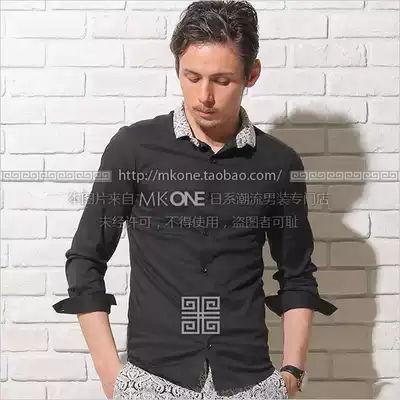 Japanese Brother Reg * us Evolut * on European retro jacquard stitching collar super slim long sleeve shirt