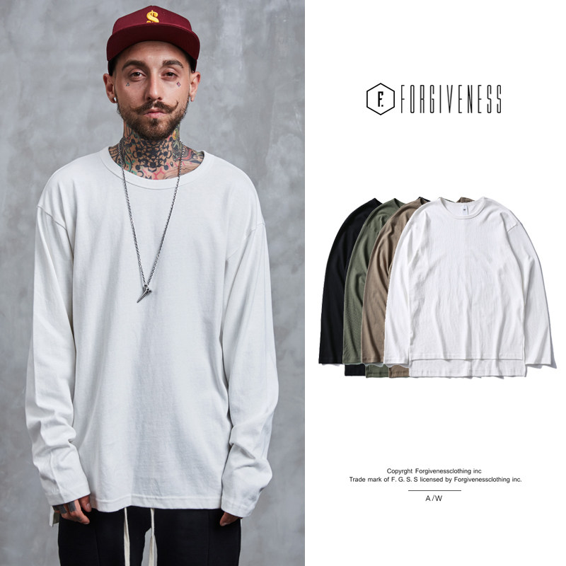 欧美潮人ulzzang款宽松高街纯色加长下摆纯色打底衫长袖单T恤男