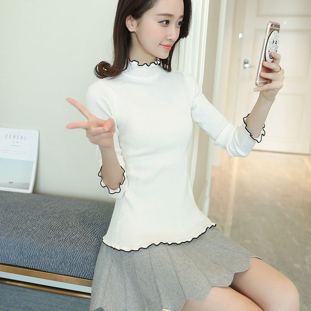 Spring and autumn new Korean version of fungus ruffles half-high collar long-sleeved all-match slim knitted bottoming shirt pullover sweater women