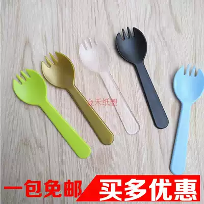 Disposable fork color frosted independent packaging fork spoon integrated fruit fork cake spoon thickened plastic
