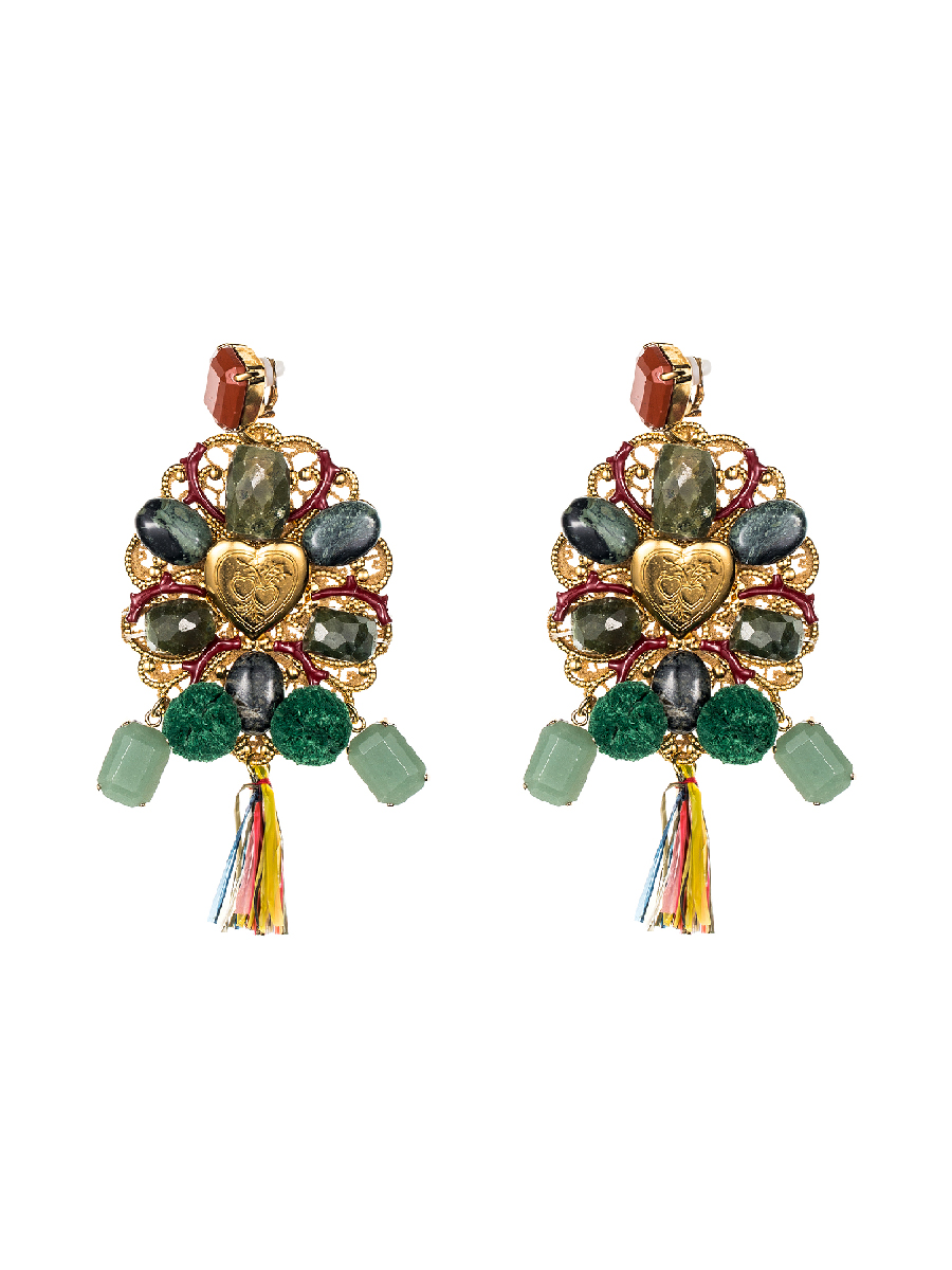 Dolce&Gabbana 墨绿色拼金色晶钻流苏爱心饰耳坠