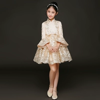 Người điều hành Cô bé tay dài Áo dài Trẻ em Váy dạ hội Vàng Puff Váy Cô gái Trình diễn Trang phục Tiệc sinh nhật Công chúa Váy - Váy trẻ em đầm cho bé