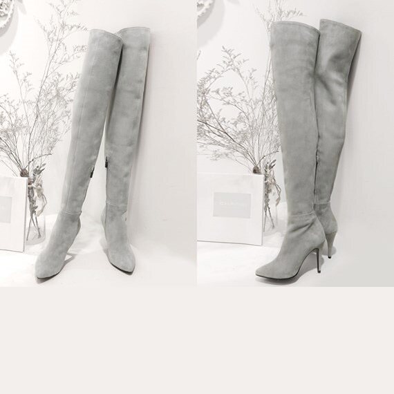Korea hand-made fashionable soft-surface frosted sheep skin light tip tight legs over knee sexy boots grey