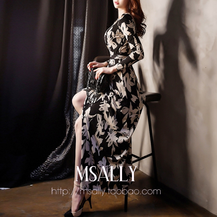 V Neck Lace-Up Beach Skirt Long-Sleeved Waist Slimming Look Printed Slit Dress Sexy Slim Wrap Long Skirt A-Line Skirt
