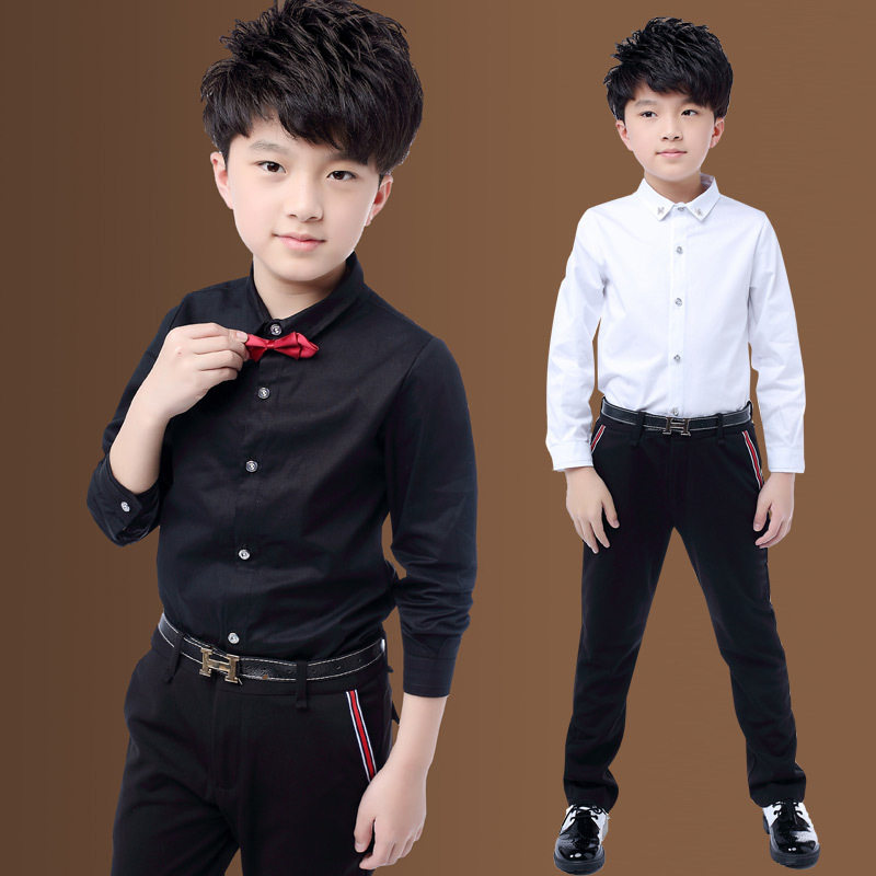 Boys handsome black long-sleeved shirts children's spring and autumn performances white inner shirts slim host shirts