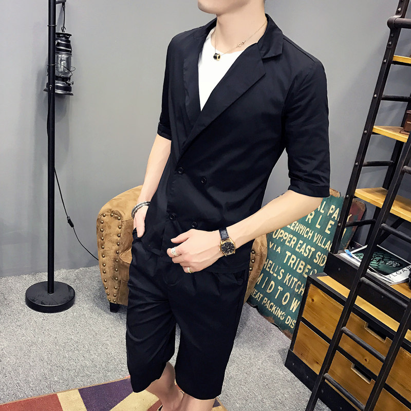 -P105韩版精品修身西装套装型男立体短裤套装配腰绳