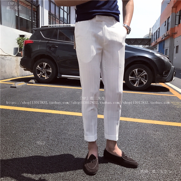 夏季九分裤男修身白色裤直筒韩版休闲9分西裤子青年显瘦裤英伦潮
