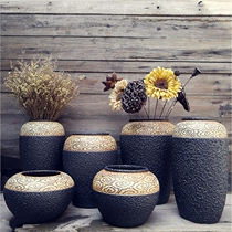 Zen retro Handmade coarse pottery jar jar flower vase flower vase flower pot black pottery earth pottery old antique unearthed 15