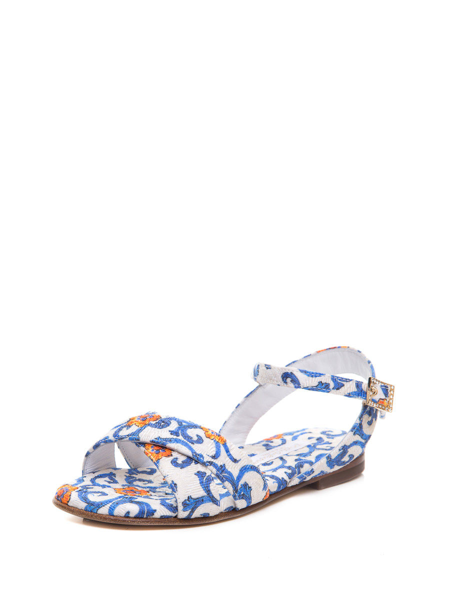 Dolce&Gabbana 蓝白复古印花交叉带小童凉鞋