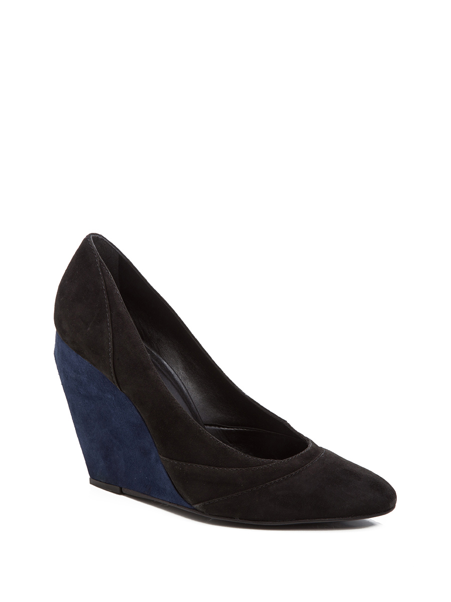 Nine West/玖熙 黑蓝双色拼接麂皮坡跟鞋