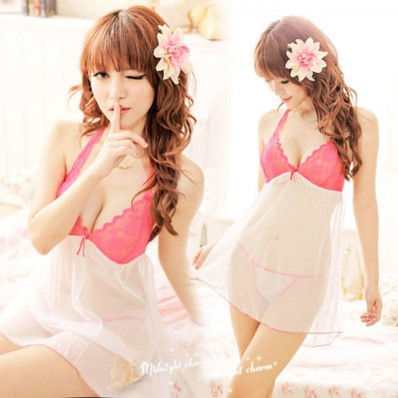 性感诱惑薄纱飘逸挂脖式吊带睡裙 蕾丝透明露乳女睡衣情趣内衣