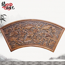  Chinese Dongyang wood carving pendant large fan-shaped camphor wood carving wall hanging hollow through carving goldfish blessing 160*80cm