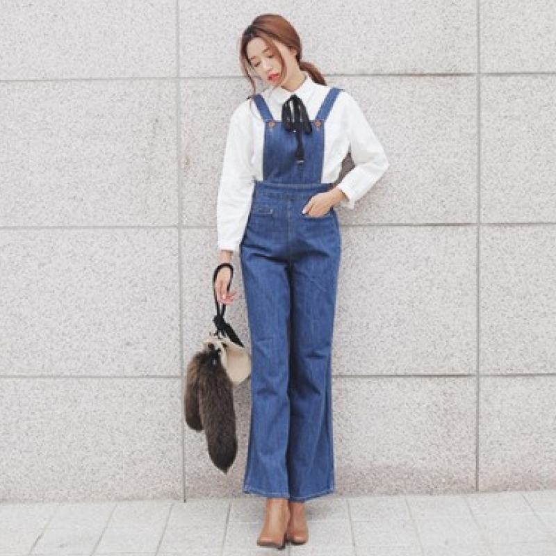 韩国stylenanda官方正品 个性阔腿牛仔背带裤-牛仔蓝色