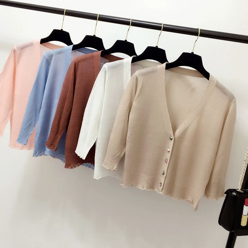 Áo len nữ thời trang 3/4 tay áo ngắn bằng vải len ngắn cardigan nữ siêu mỏng áo chống nắng áo len nhỏ - Cardigan