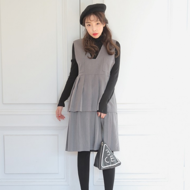 韩国stylenanda官方正品 少女系双层箱褶摆无袖连衣裙-灰色