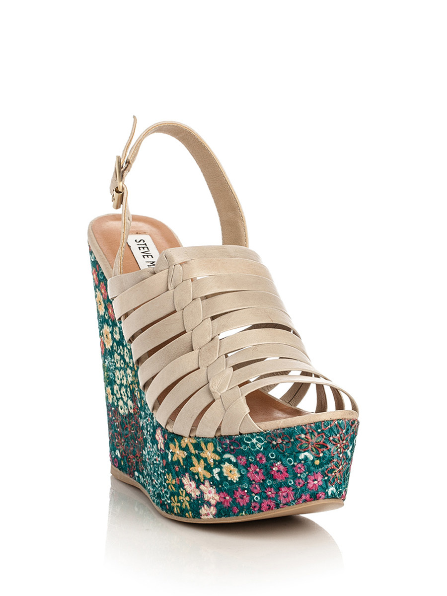 Steve Madden/思美登 米色罗马绑带刺绣坡跟鞋