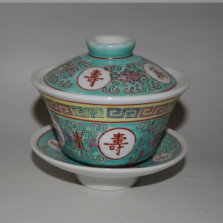 Jingdezhen Cultural Revolution antique porcelain Green Wanshou Boundless Three Talents Cover Bowl Tea Cup Lid Cup Inventory New Collection