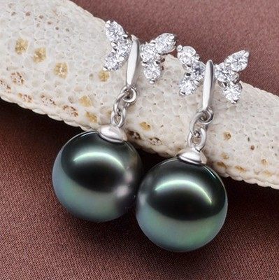 925 Pure Silver Inlaid Drilling Ear Nail 10-11MM Large Creek Black Pearl Powder Earrings Earrings Seawater Pearl Earrings