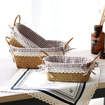  Storage basket Living room desktop seaweed woven rattan woven bamboo woven storage basket Pastoral fabric snack cosmetics storage box