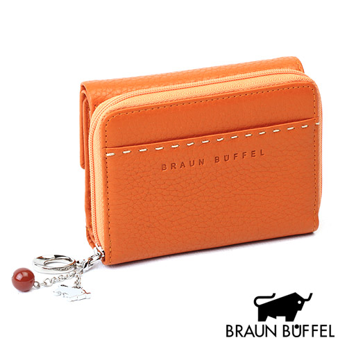 台湾官网直邮进口BRAUN BUFFEL 荔枝纹系列六卡双层短夹（橘色）